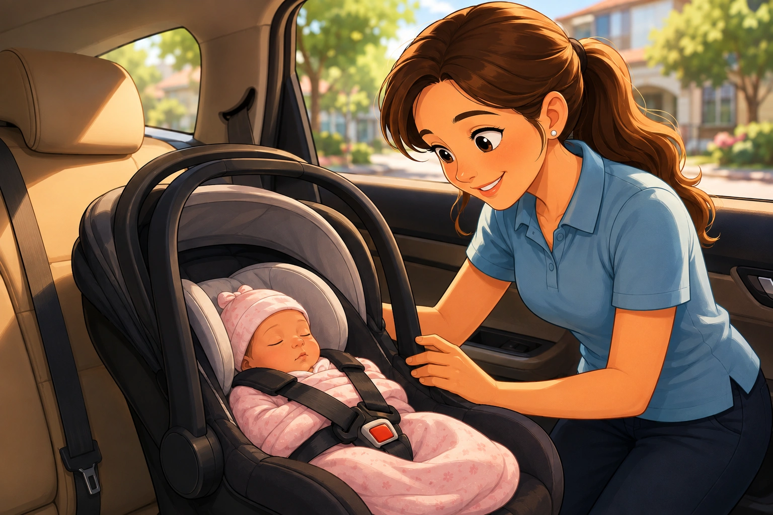 Baby seat taxi Sydney service with newborn safely secured in a child car seat for family travel.